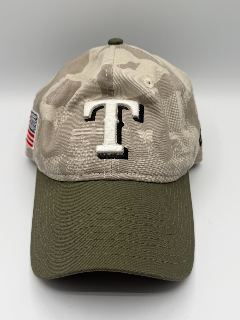 New Era Tan Camo Crown Olive Brim Texas Rangers Baseball Hat